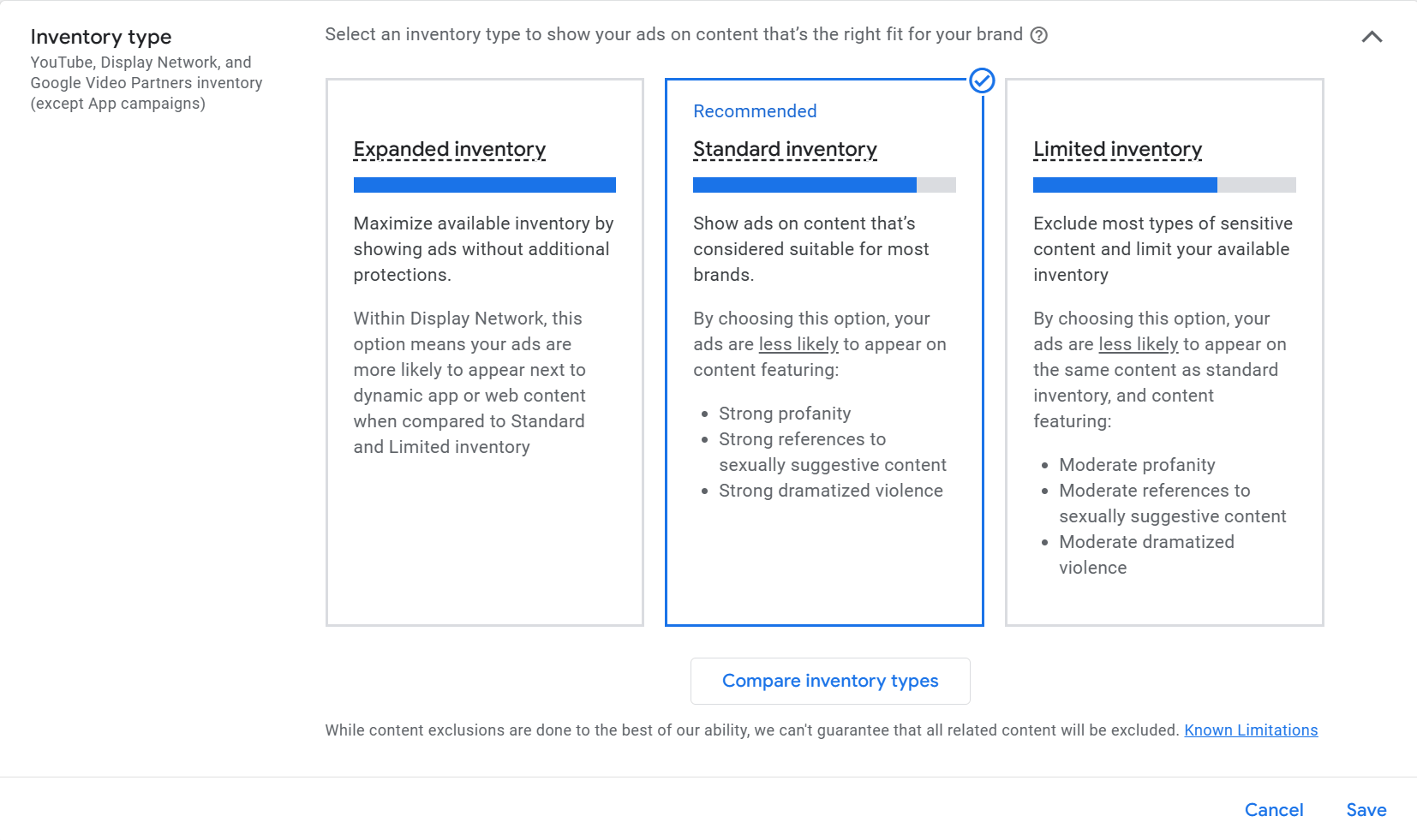Google Ads content suitability setting allowing you to choose which type of inventory your ads show on