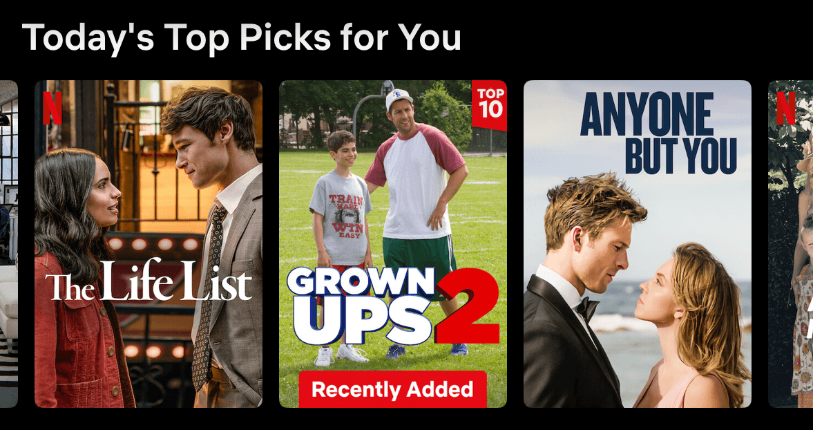 Netflix displays top picks with personalized recommendations.