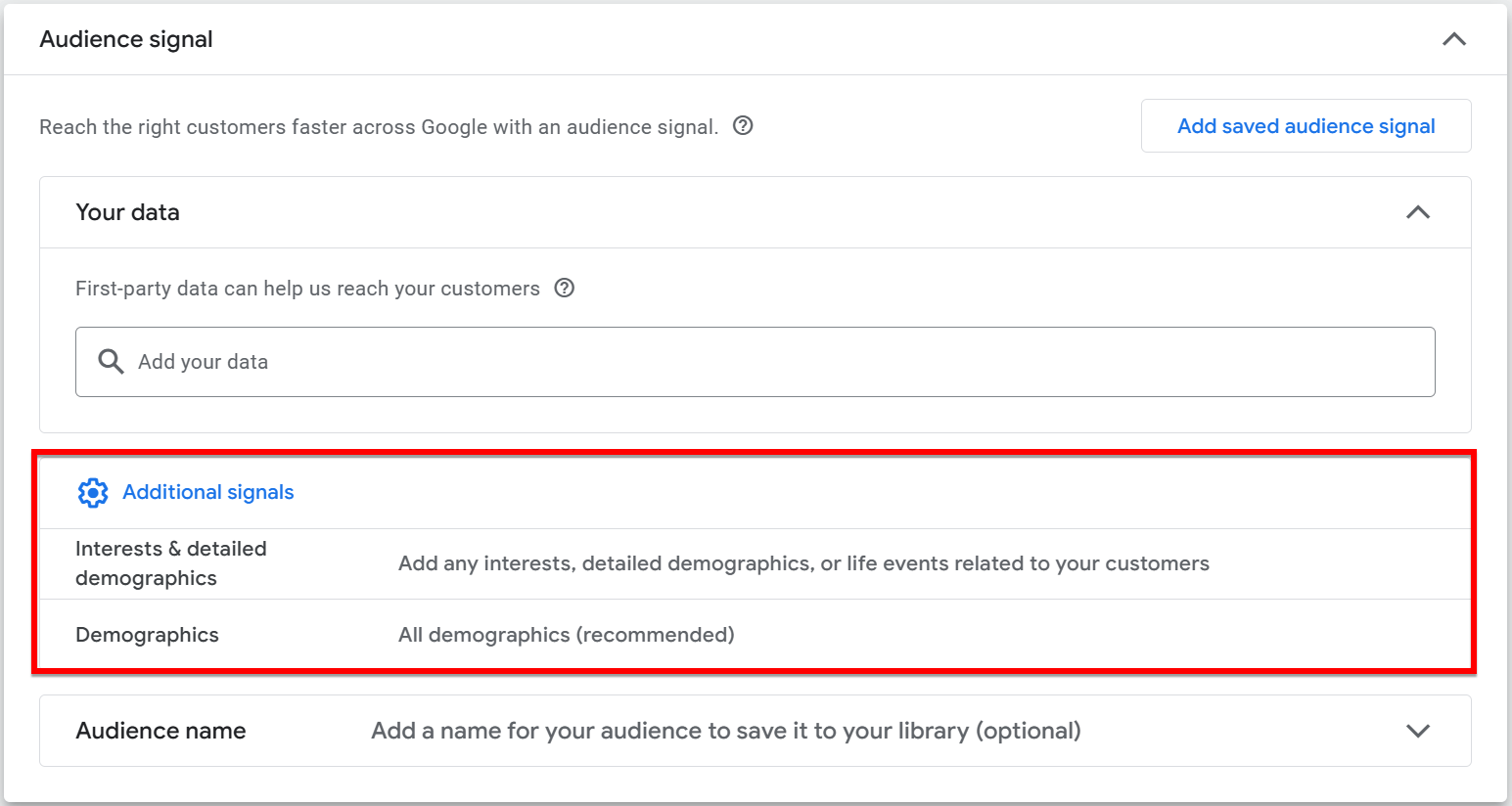 Performance Max audience signals settings with the option to add interests and detailed demographics as additional signals