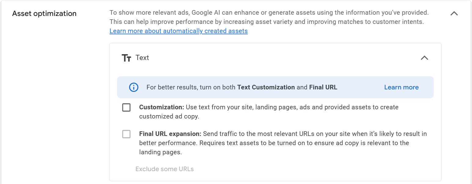 Asset optimization setting for Performance Max campaigns allowing advertisers to turn on text customization and final URL expansion 