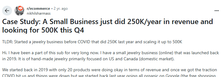 A person posts a case study on Reddit about starting a business.