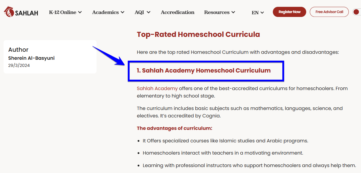 Sahlah Academy rates itself as the best homeschool curriculum in their blog post about top-rated homeschool curricula.