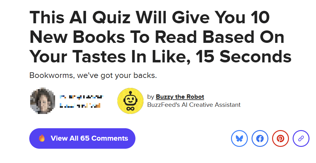 Buzzfeed provides an AI quiz for personalized book recommendations.