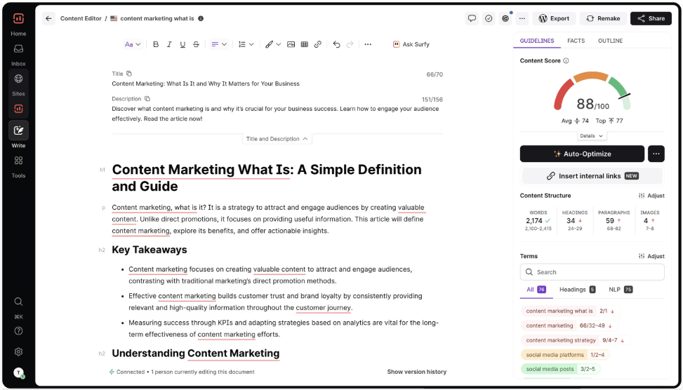 A screenshot of SurferSEO, one of the most focused content optimization digital marketing tools out there that sharpen strategies and squeeze more value out of every refresh.