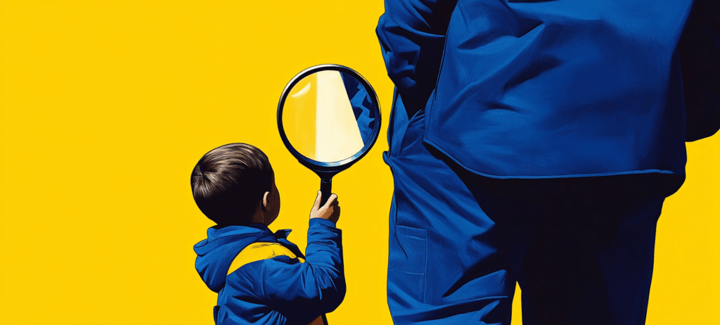 Child holding magnifying glass next to his father.