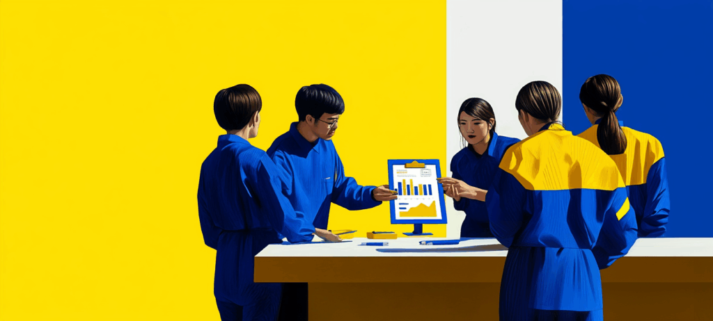 Group of people standing around a computer on a desk
