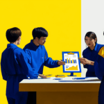 Group of people standing around a computer on a desk