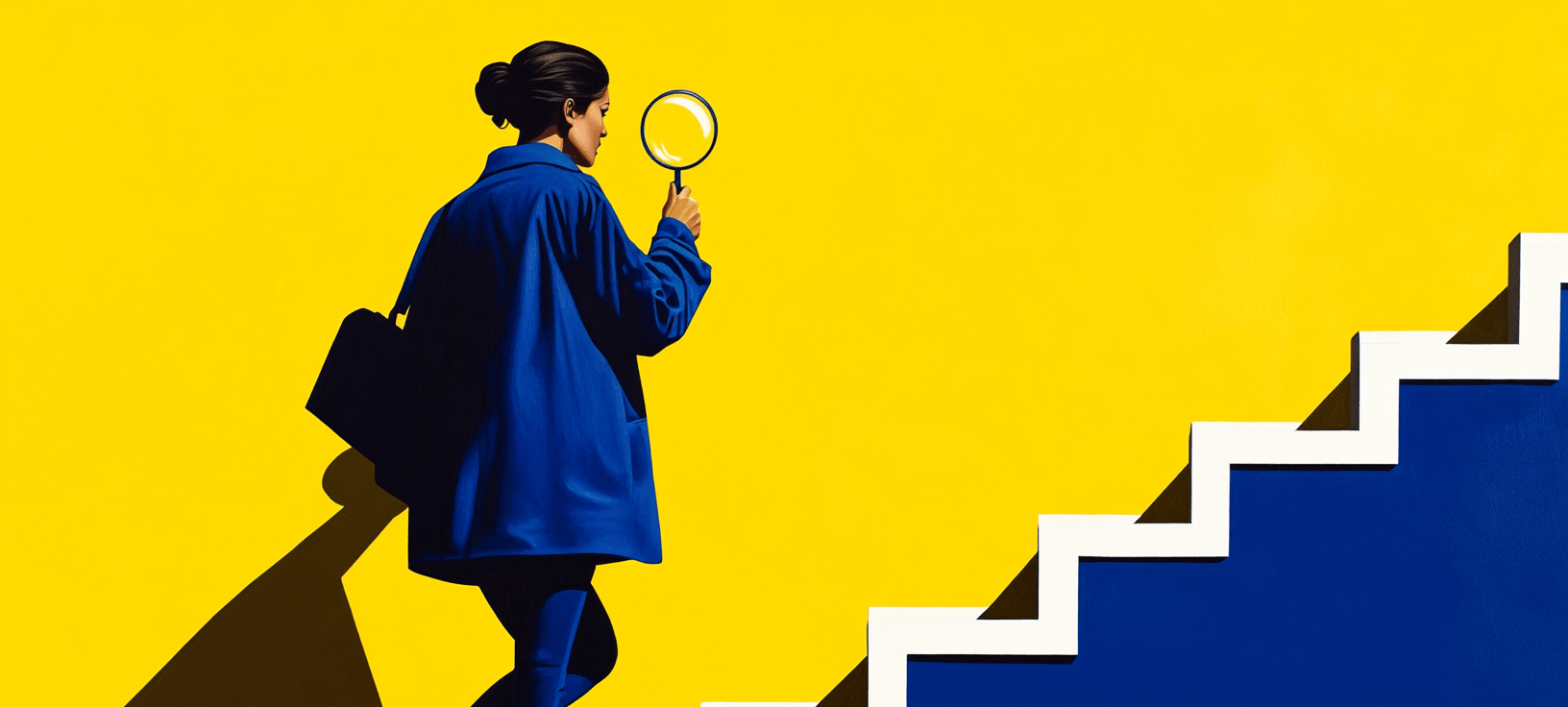 Person analyzing steps with magnifying glass symbolizing research and progress in will ai replace marketing jobs discussion