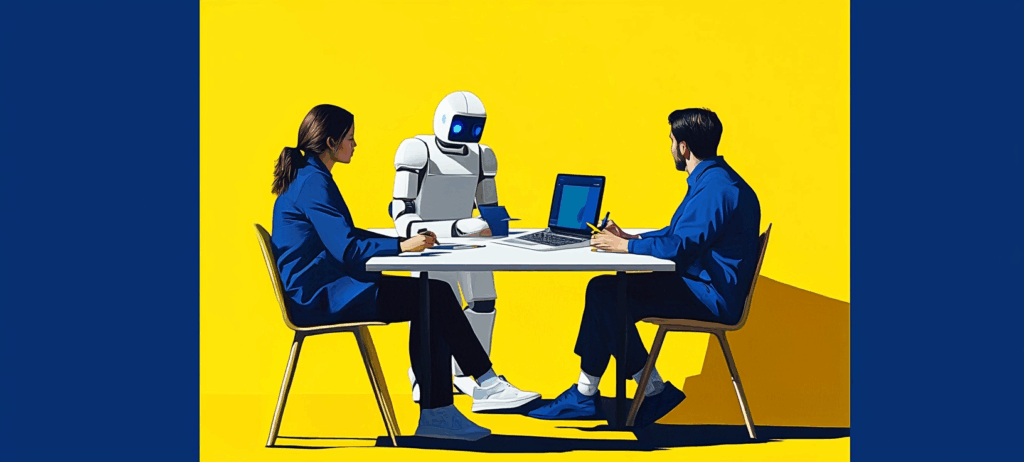 humans and robot sitting at table
