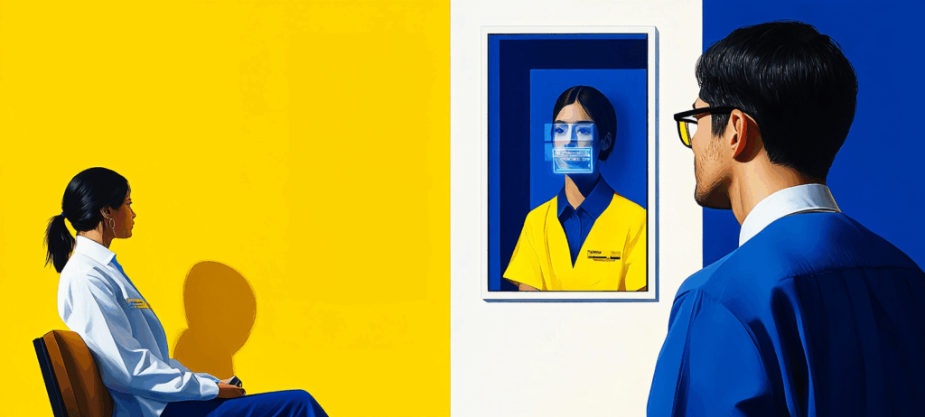 Split scene showing woman in yellow room and man viewing portrait in blue room, illustrating digital health interaction