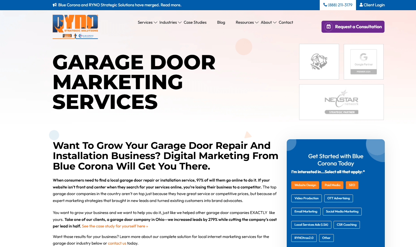 screeenshot of blue corona garage door services page