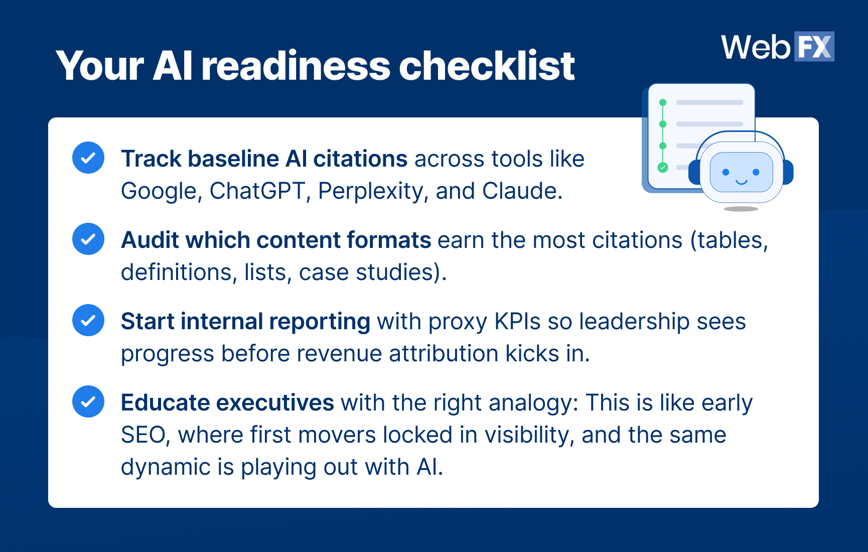 An image showing the AI readiness checklist that gives marketers a practical starting point: Measure where you are today, track progress, and set expectations with leadership that AI visibility is a long-term play.