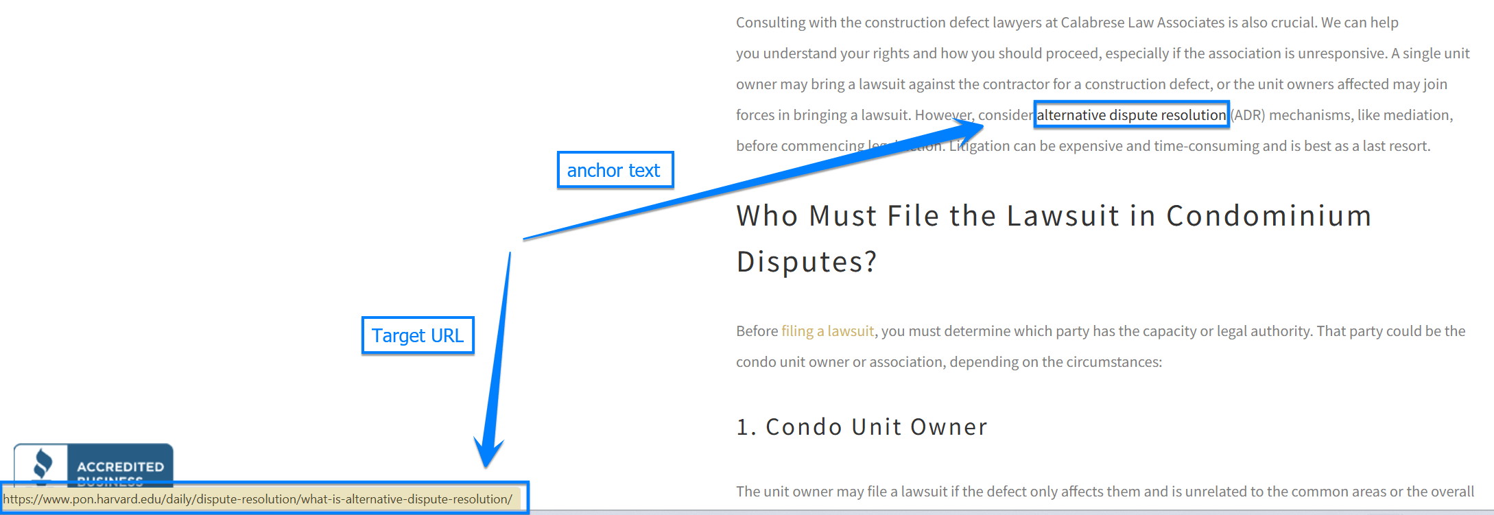 Example of a descriptive anchor text and target URL.