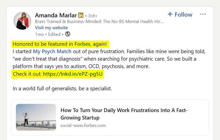 Founder of My Psych Match promotes guest post on Forbes through LinkedIn.