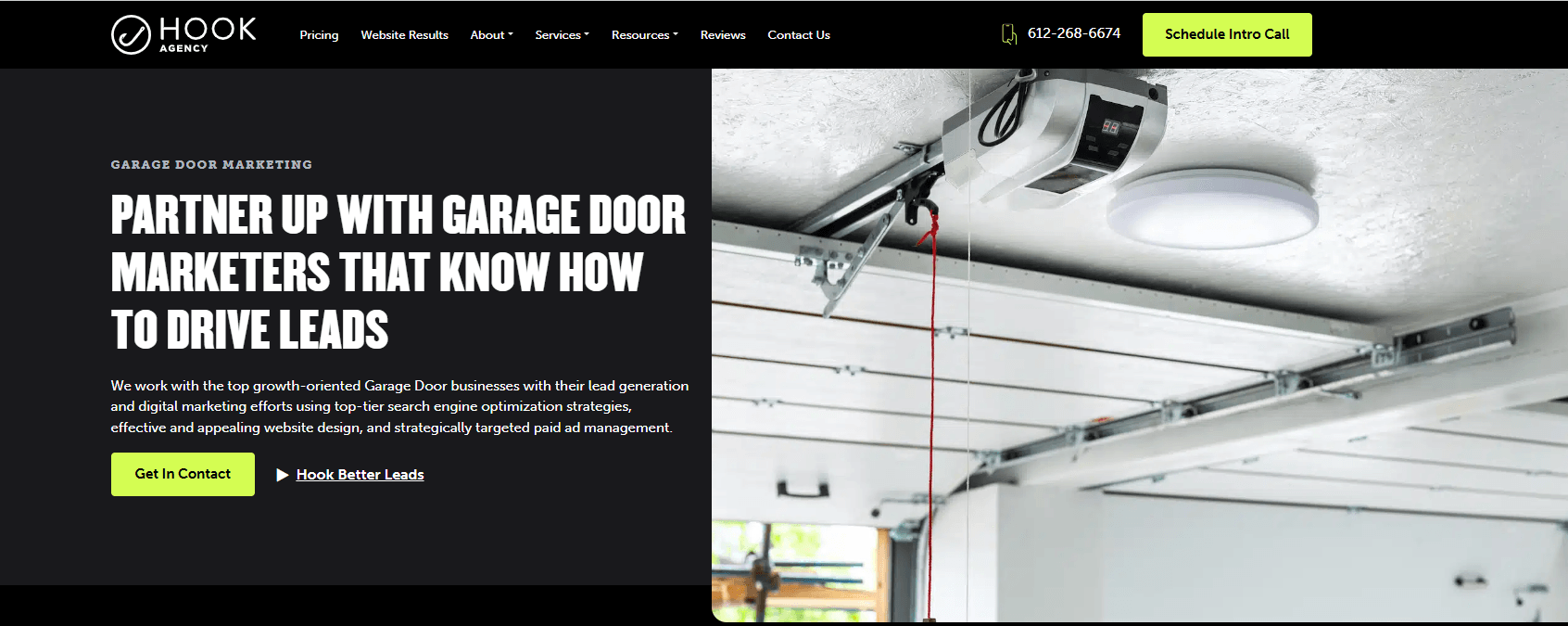 screenshot of Hook Agency garage door services page