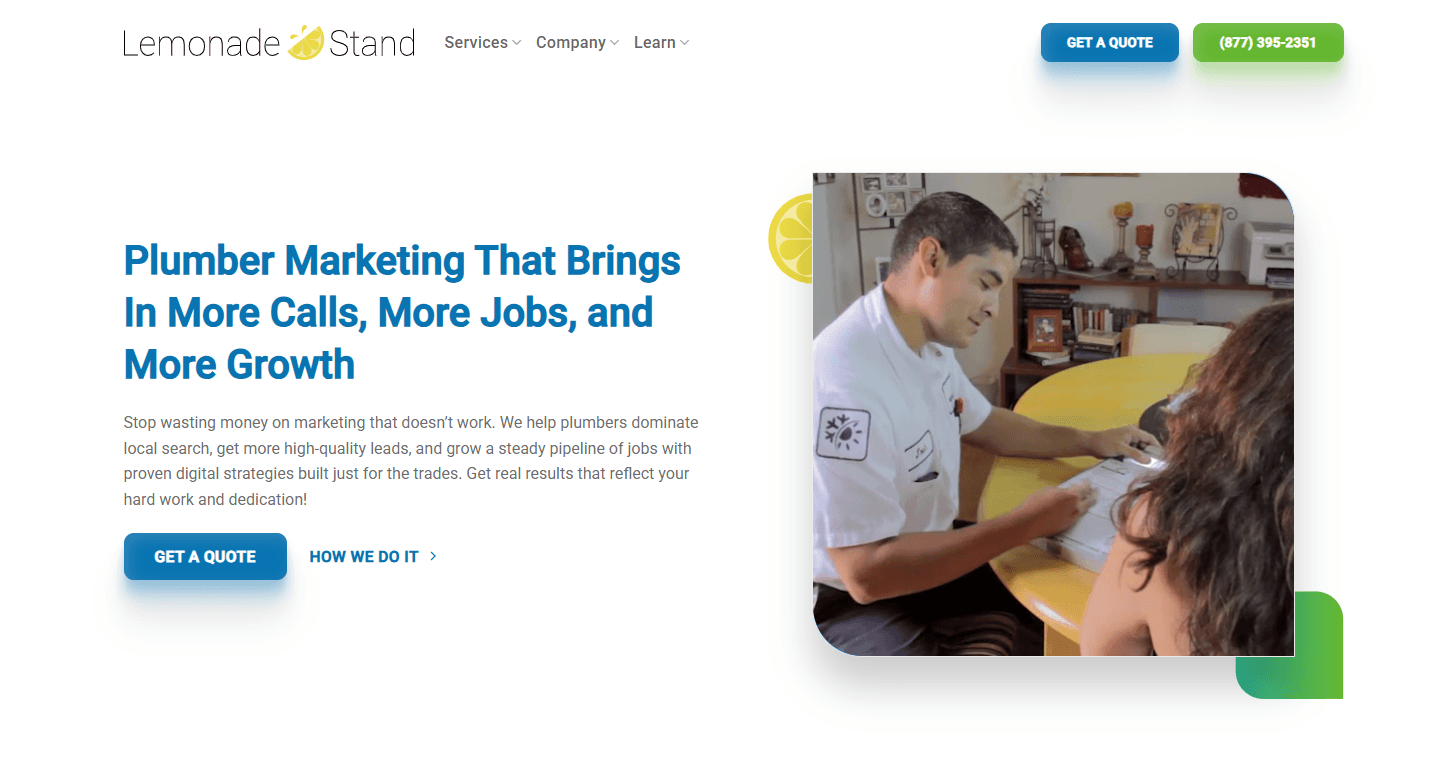 screenshot of lemonde stand plumber marketing service page