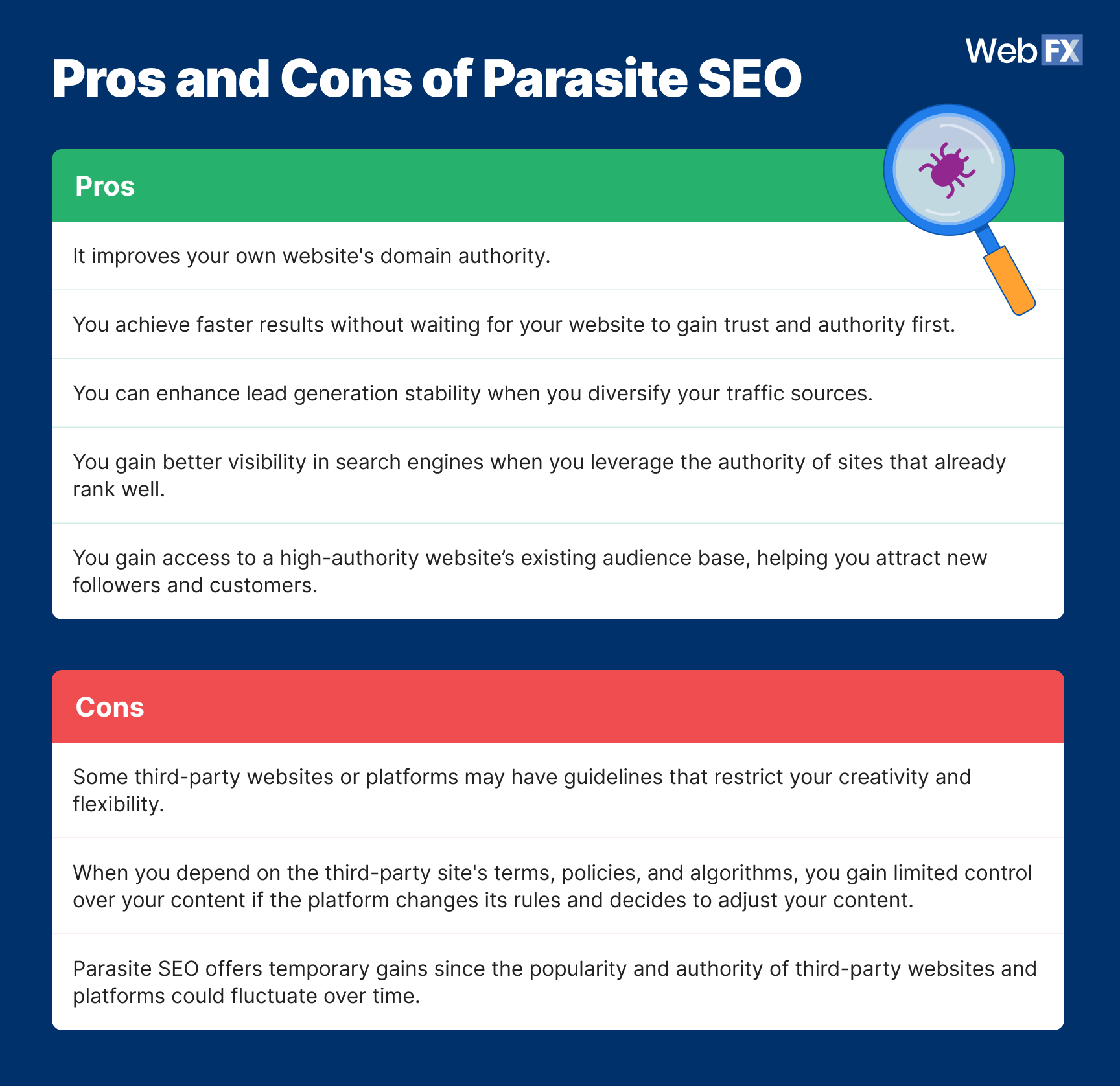 Image displaying the pros and cons of parasite SEO.