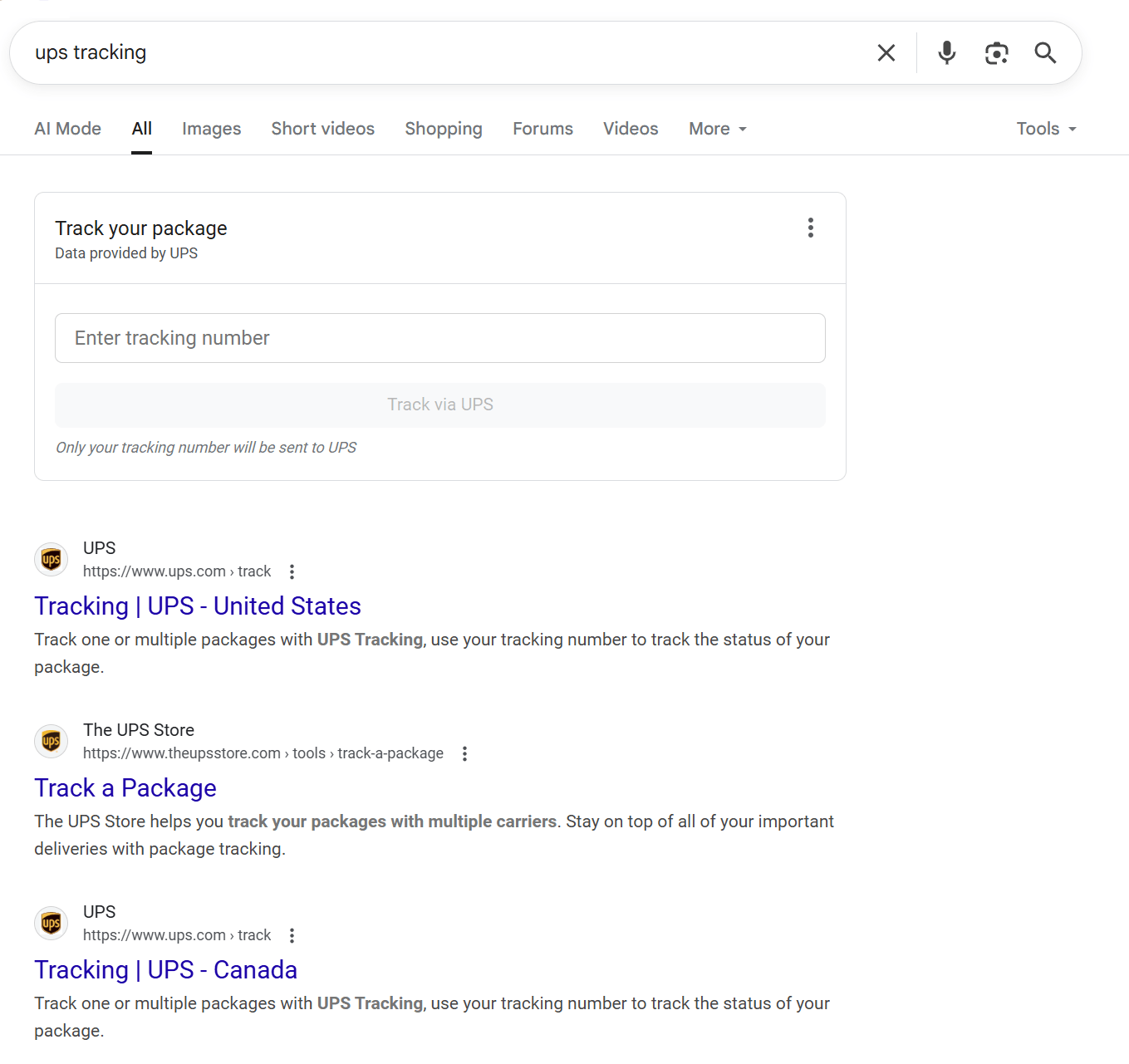 Search results in Google for the brand navigational query "UPS tracking."