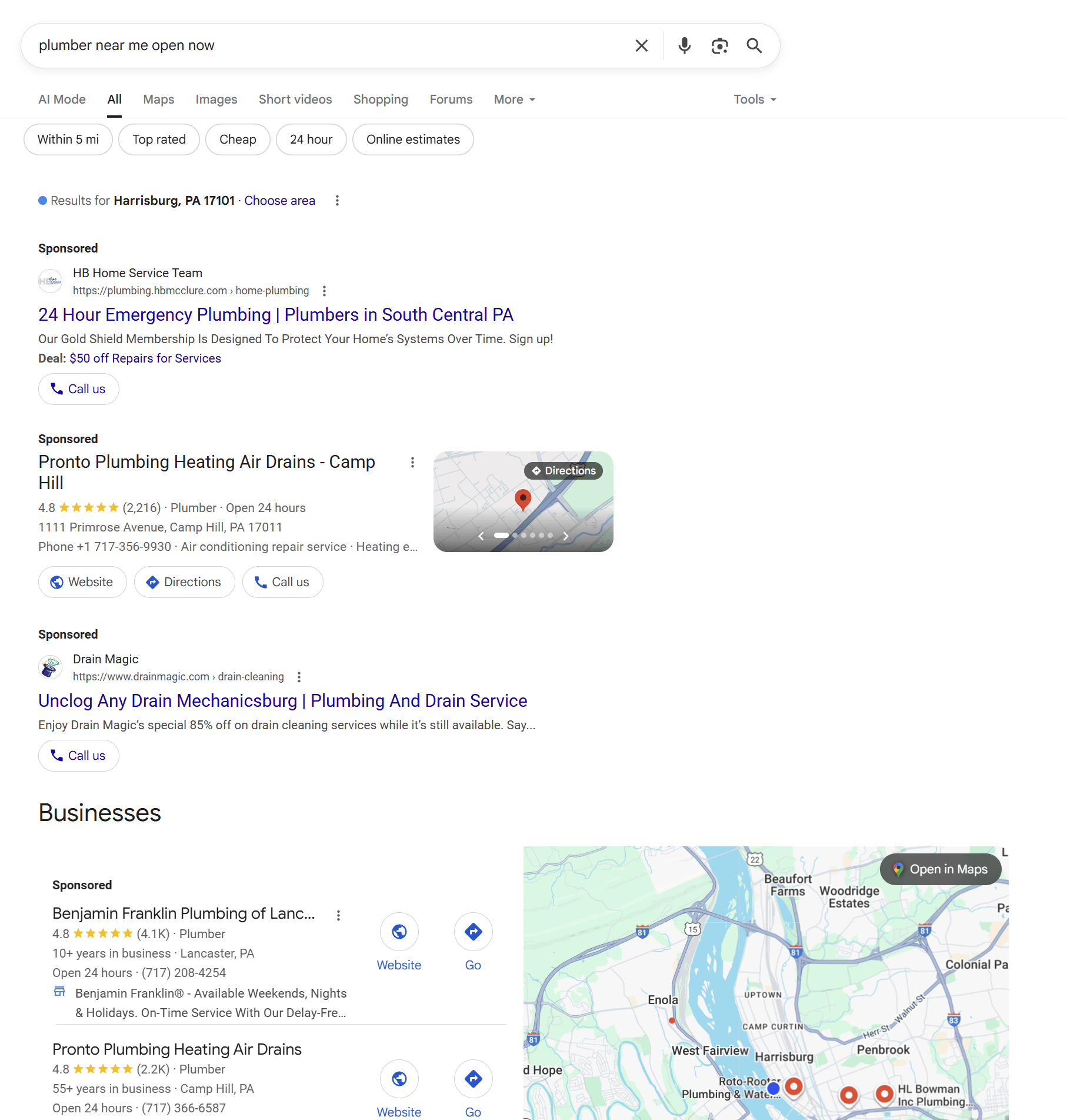 Search results for finding a local plumber.