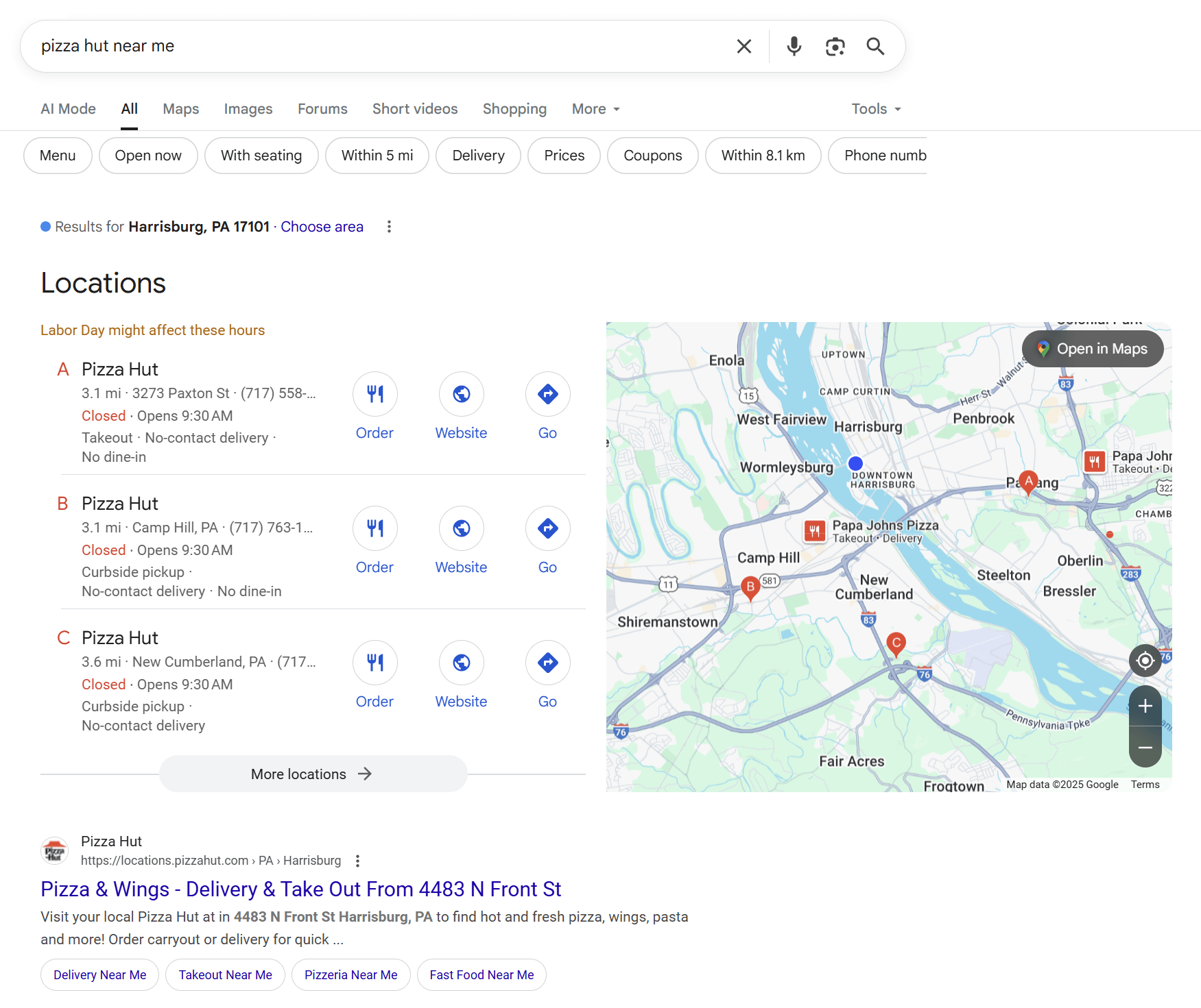 Search results for the local brand navigational query "Pizza Hut near me."