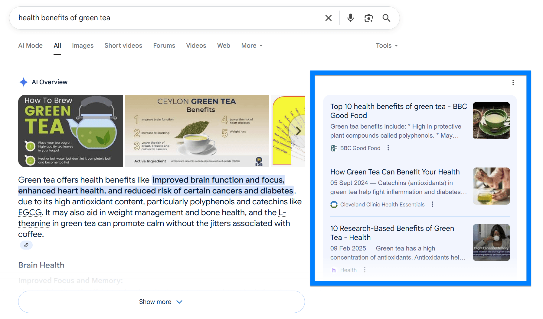 Sources shown for an AI Overview about the health benefits of green tea.
