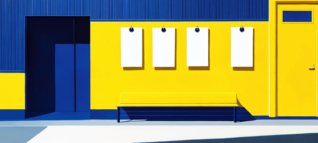 Image of a yellow bench in front of a blue and yellow building.