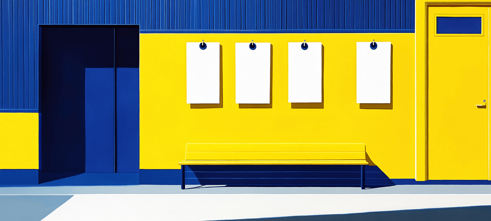 Image of a yellow bench in front of a blue and yellow building.