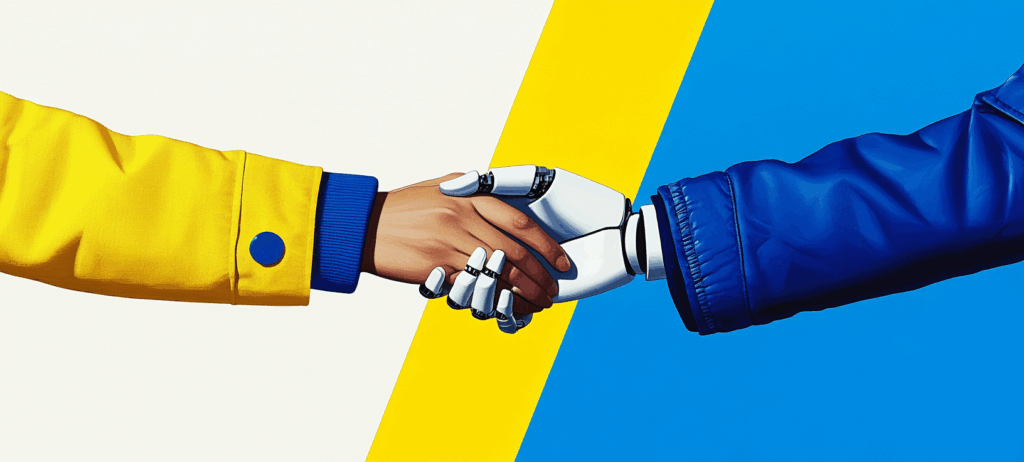 human and robot hands shaking