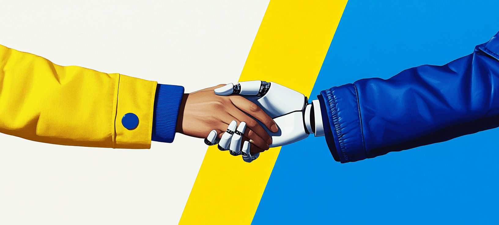 human and robot hands shaking