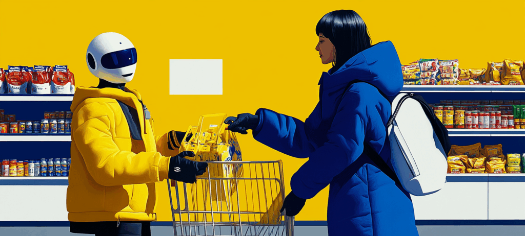 a robot handing a shopping bag to a shopper