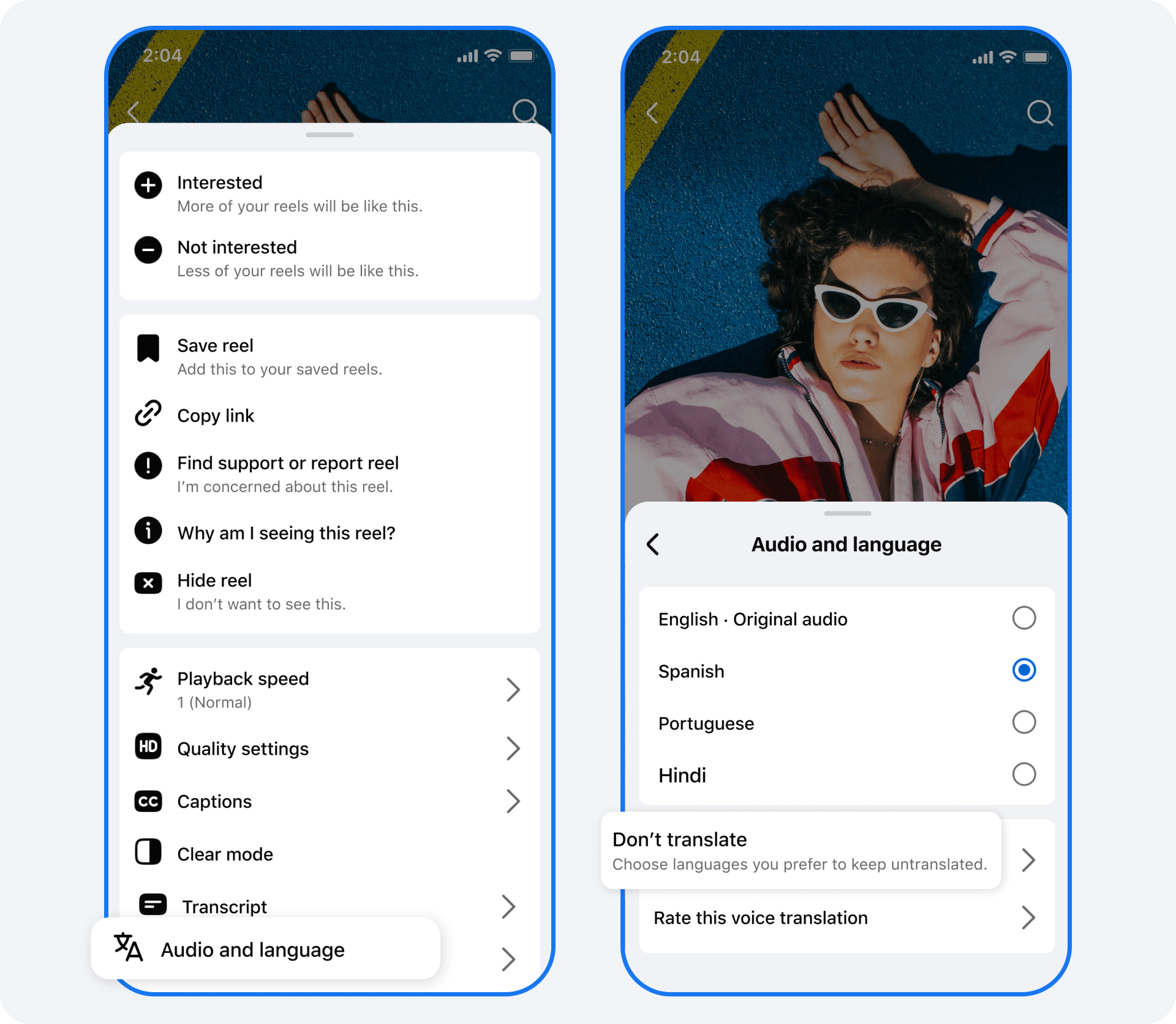A screenshot of Meta AI translation that now adds AI dubbing for Reels in English, Spanish, Hindi, and Portuguese, replicating your real voice and syncing lip movements for a natural viewing experience.