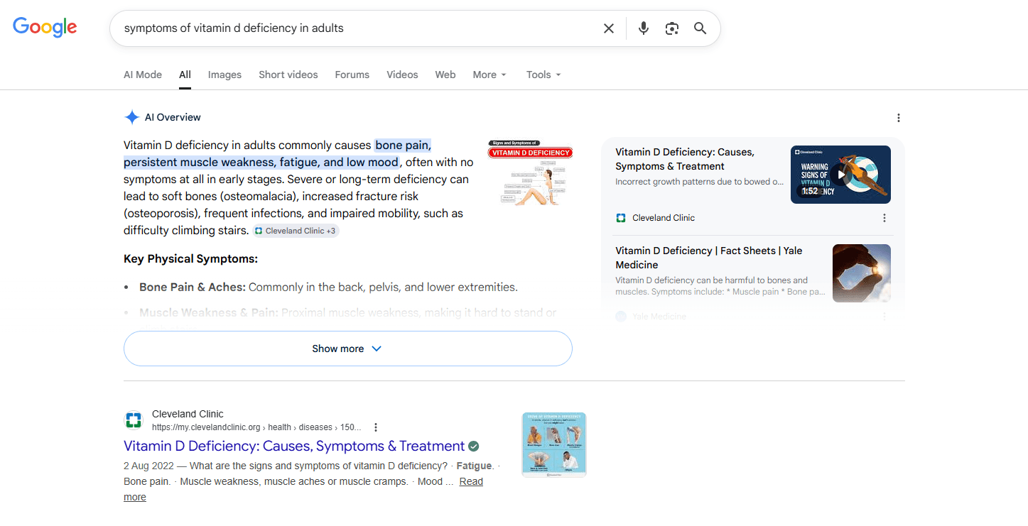Search results for symptoms of vitamin D deficiency in adults showing Cleveland Clinic ranking.