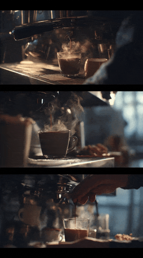 A GIF showing an output from Meta Vibes, which, when asked to create “a coffee shop opening montage at sunrise,” and the result looked cinematic at first, until cups started disappearing and the barista’s hands morphed mid-pour. 
