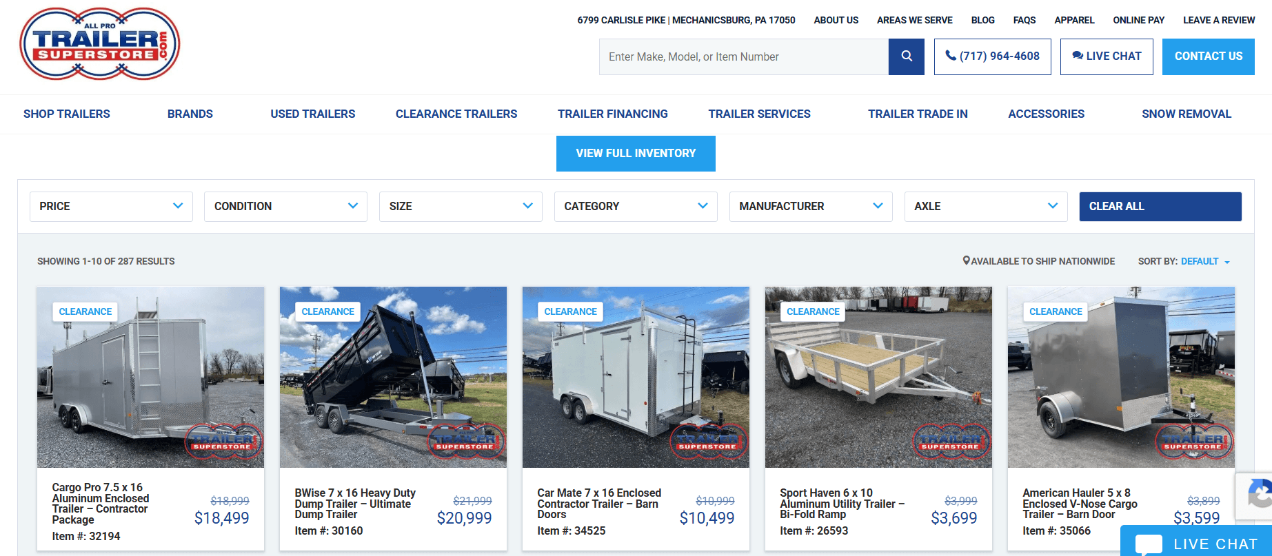 All Pro Trailer Superstore website with structured navigation and product filtering options.