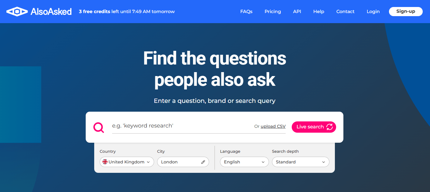 A screenshot of AlsoAsked, one of the underrated digital marketing tools that can visualize the relationships between questions people search, helping marketers map intent, structure better content, and earn visibility in both SERPs and AI-generated answers.
