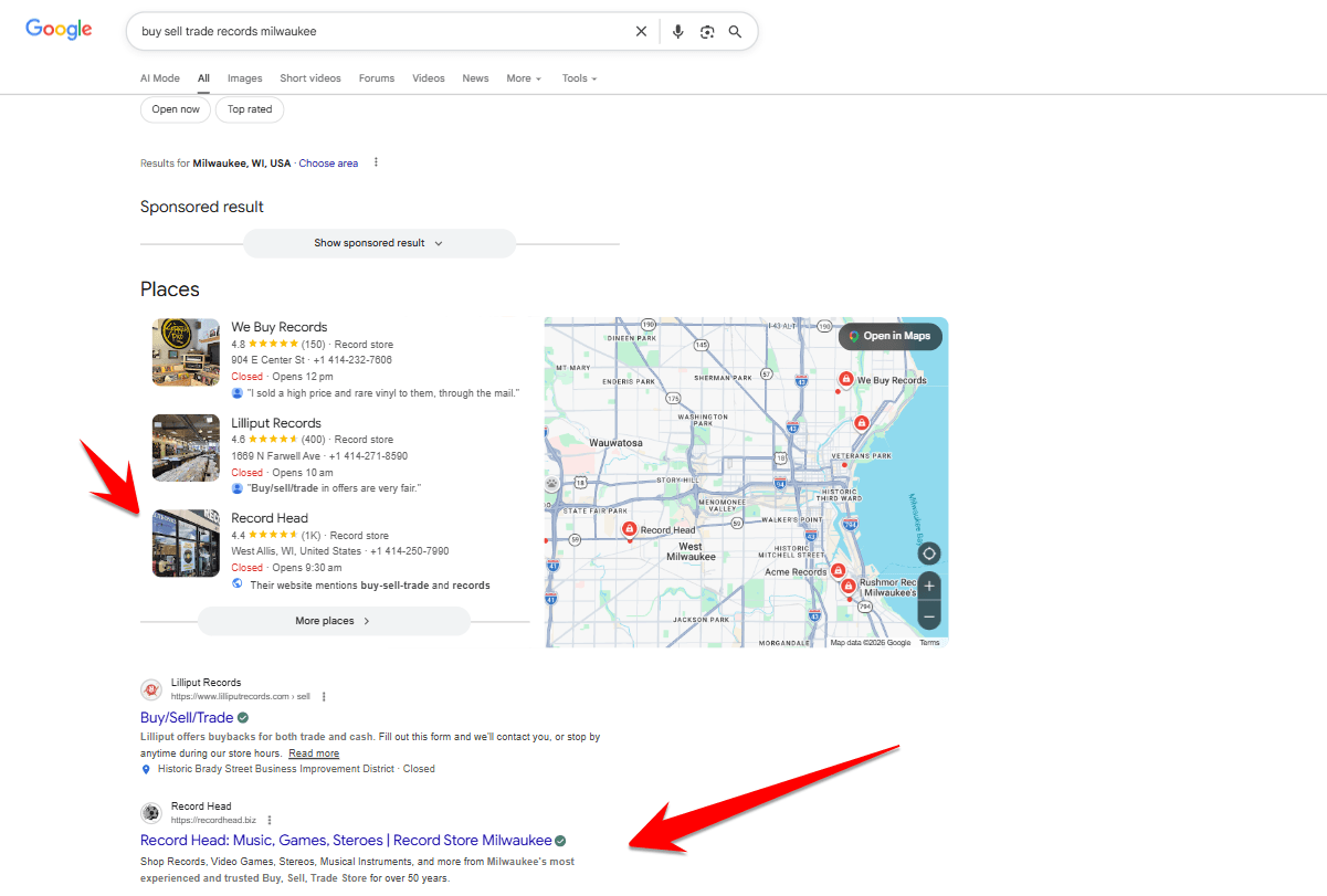 Record Head ranks in the local map pack for “buy sell trade records Milwaukee,” increasing visibility for high-intent local searches.