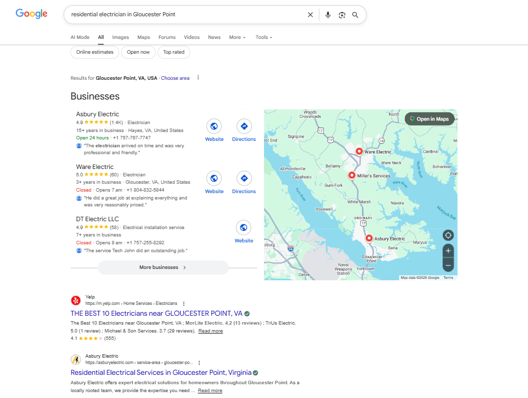 Asbury Electric ranking in Google local search results for residential electrician in Gloucester Point.