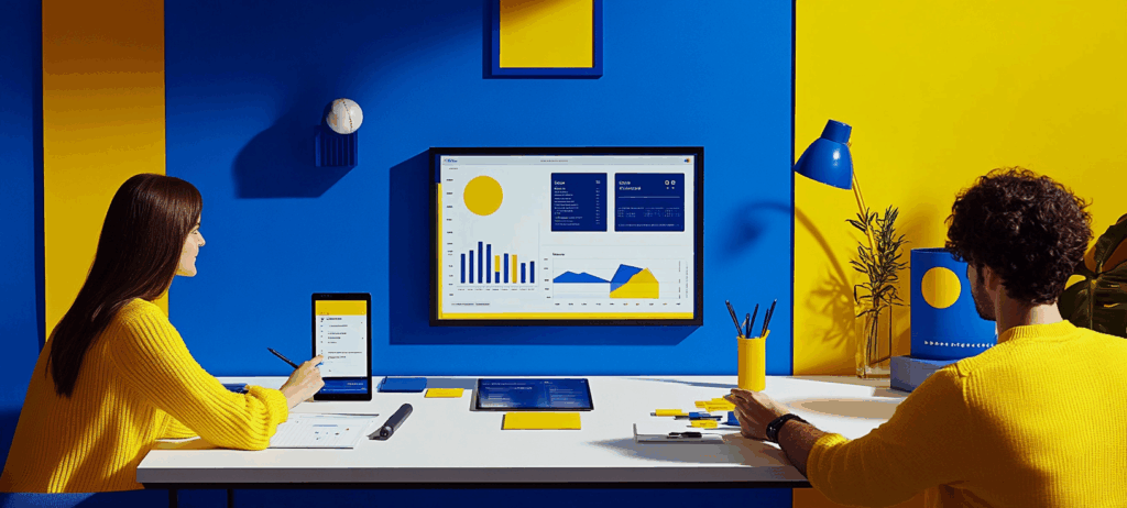 An AI-generated image showing marketers using Google's Ads Advisor and Analytics Advisor for their marketing campaign.