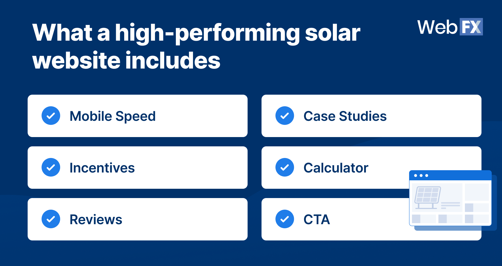 What consitututes a high performing solar website: mobile speed, case studies, calculator, reviews, CTA.