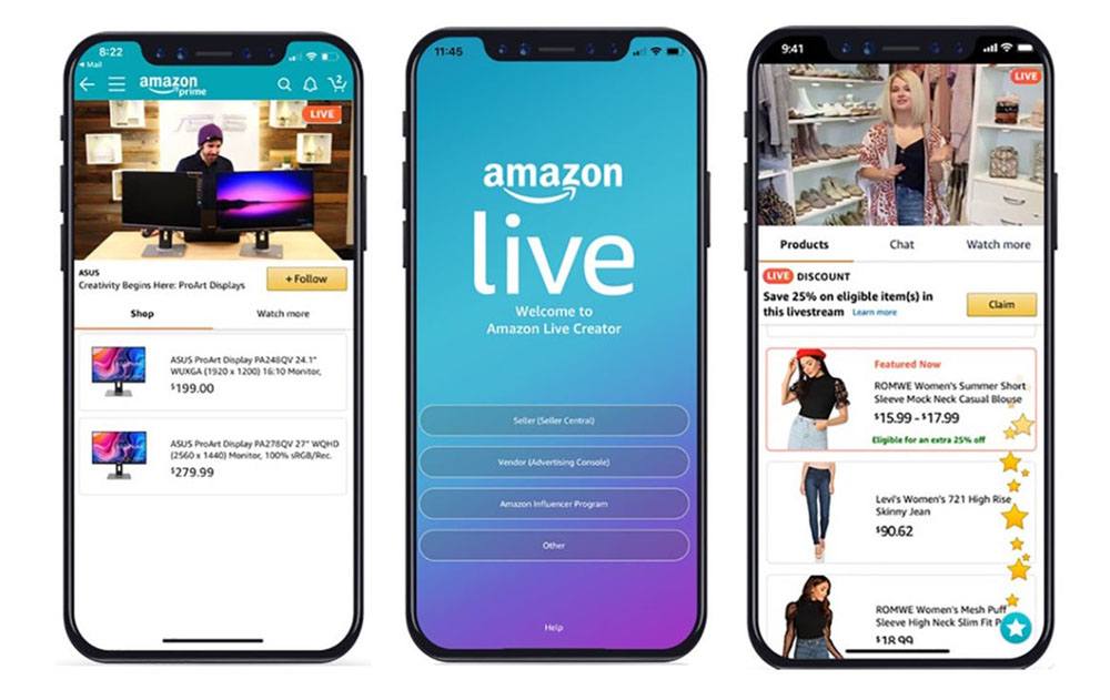 Live commerce example showing Amazon Live's shoppable livestream features, including real-time product browsing and instant purchase options.