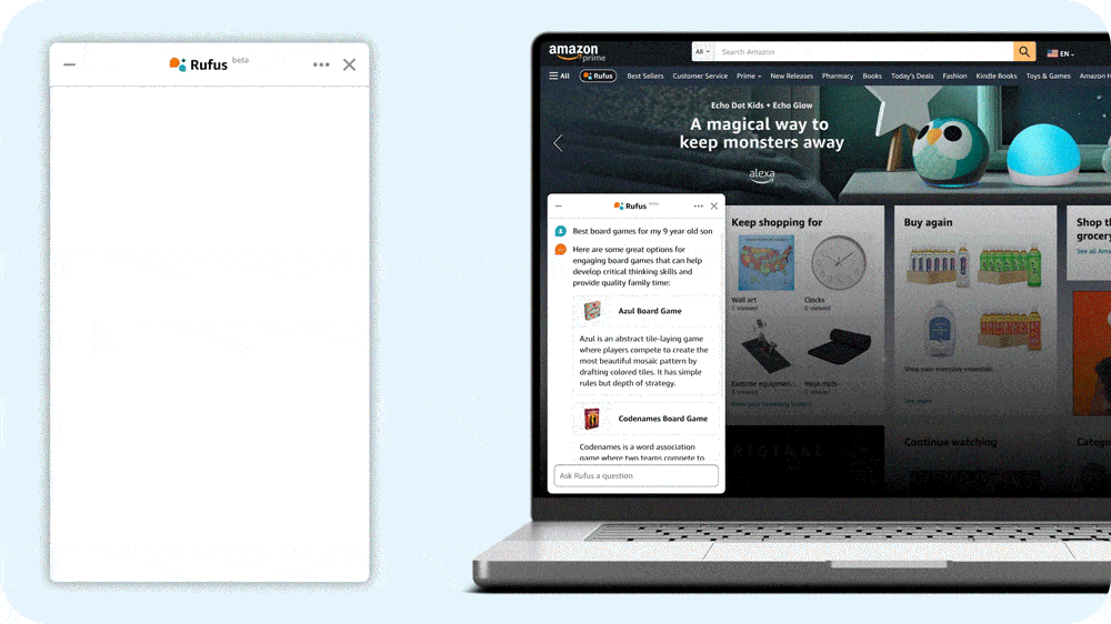 A gif showing how Amazon Rufus works for the platform's online shoppers.