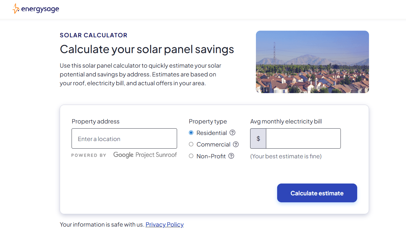 A screenshot of an interactive solar savings calculator