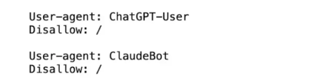 Blocked AI crawlers in a robots.txt file.