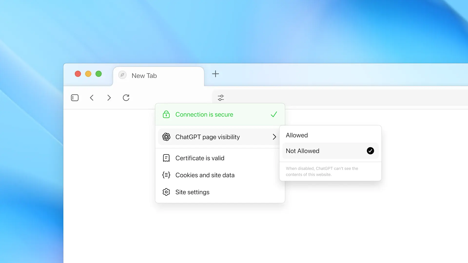 A screenshot of ChatGPT Atlas (OpenAI browser) and how its privacy controls works.
