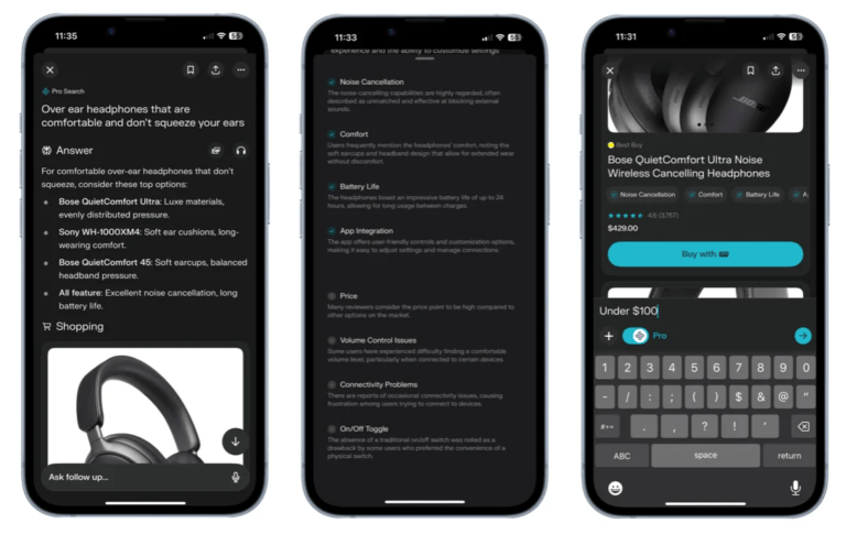 A screenshot of how Perplexity in-chat shopping works on the mobile interface.