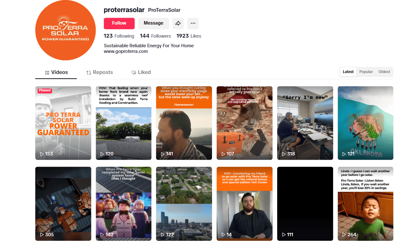 A screenshot of a vibrant TikTok profile for a solar company