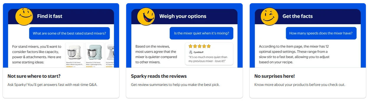 A screenshot image showing how Walmart Sparky helps shoppers find products, synthesizes review summaries, and answers questions conversationally like "what's the best laptop for an art student?" and "help me plan a birthday party for a 2-year-old." 