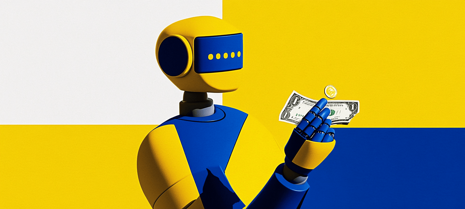Robot holding a coin and dollar bill