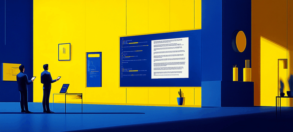 An AI generated screen of people looking at a huge screen on a wall