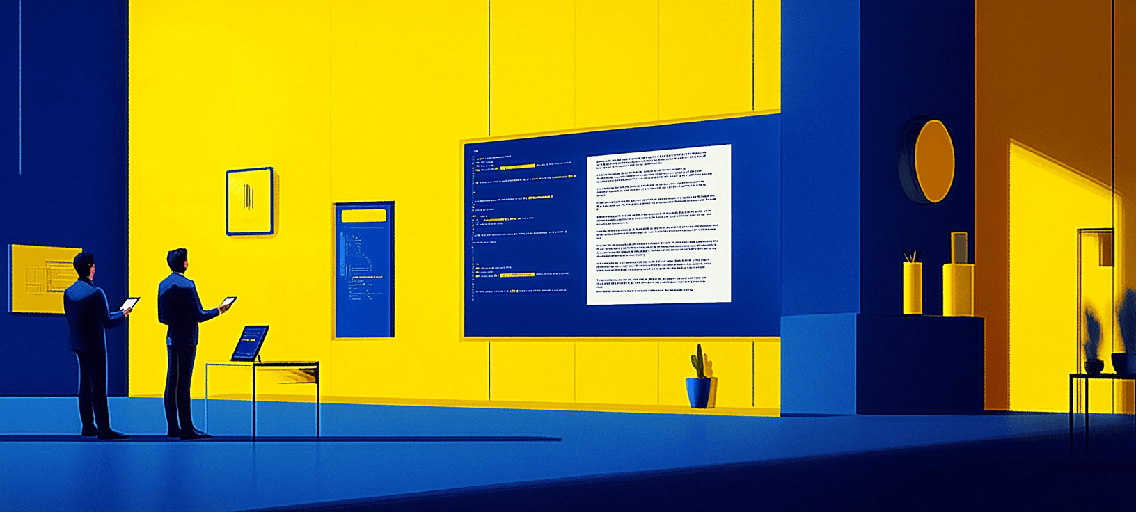 An AI generated screen of people looking at a huge screen on a wall